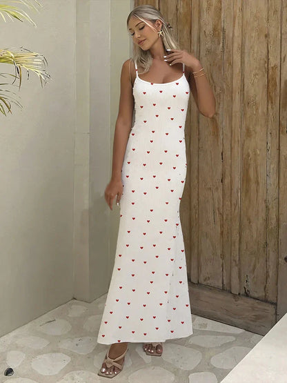 Elegant Heart Print Ribbed Maxi Dress Y2K Trend Square Collar Backless Robe Daily Casual Outfits