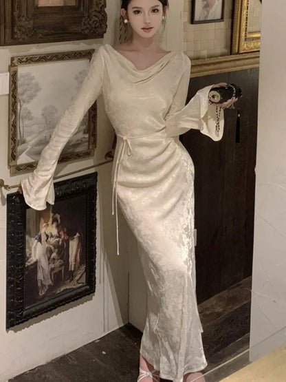 Autumn Bodycon Wedding Evening Dresses for Women Flare Sleeve Swinging Collar French Vintage Prom Robe Midi Vestidos Mujer New