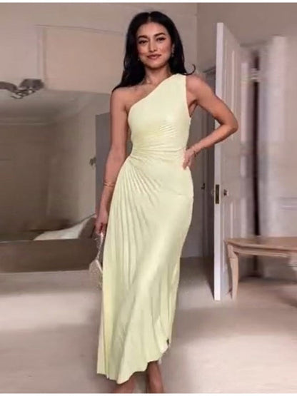 Women's Elegant One Shoulder Cinched Waist Pleated Evening Dress | Ideal for Spring/Summer