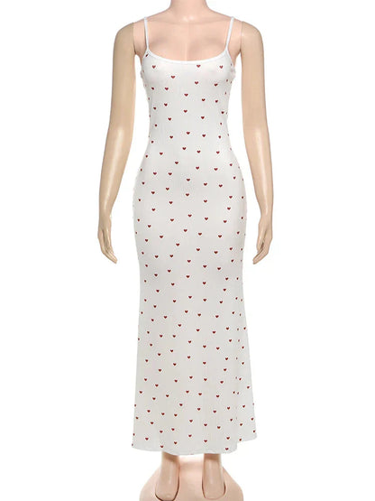 Elegant Heart Print Ribbed Maxi Dress Y2K Trend Square Collar Backless Robe Daily Casual Outfits