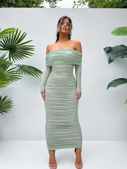Elegant One Shoulder Mesh Patchwork Long Sleeve Party Evening Dress Women Sexy Bodycon Vestdos Autumn/Winter Clothing