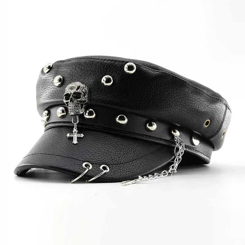 Punk Style PU Leather Flat Top Women's Beret Hat