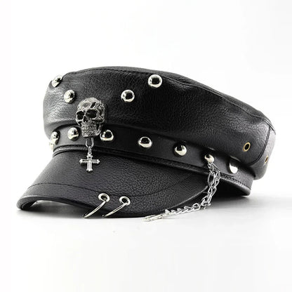 Punk Style PU Leather Flat Top Women's Beret Hat