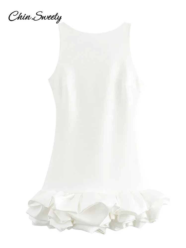 Elegant Sleeveless White Short Dress Women Slim O-neck Backless Ruffles Hem Party Evening Dresses  Summer Lady Streetwear