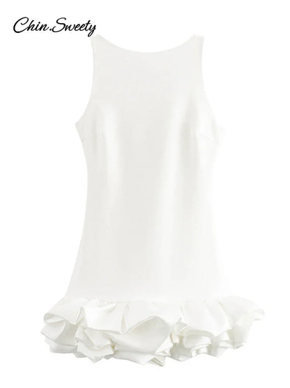 Elegant Sleeveless White Short Dress Women Slim O-neck Backless Ruffles Hem Party Evening Dresses  Summer Lady Streetwear