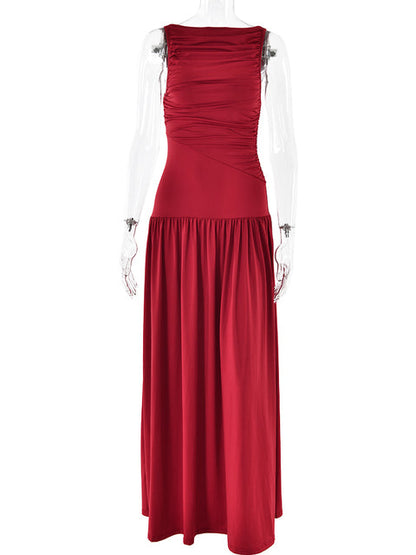 Artcat Elegant Sleeveless Round Neck Bodycon Long Dress For Women Folded Slimming Party Evening Dress Female Tight Vestido