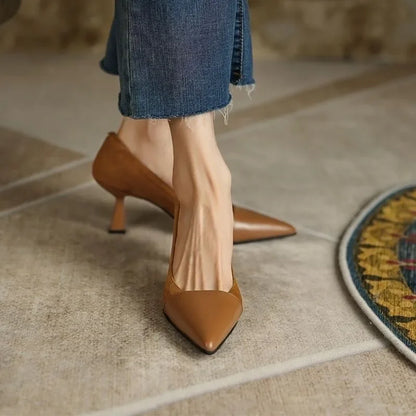 Sexy Pointed Elegant Summer Korean Fashion Apricot Black Color Block High Low Heel Pumps