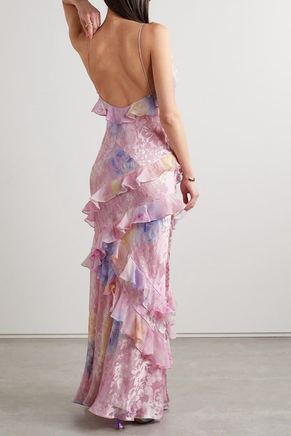 Burn-Out Ruffle Backless Maxi Dress