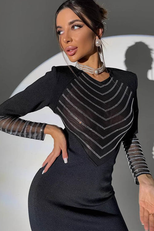 Rhinestone Mesh Bodycon Maxi Dress