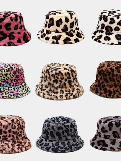 New Winter Bucket Hats Fluffy Fur Men Women Panama Hat Fashion Warm Fisherman Cap Multi Color Leopard Printed Hat for Women