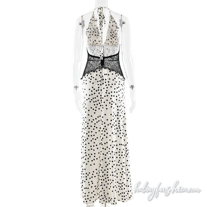 Polka dot halter self tie v neck lace maxi dress