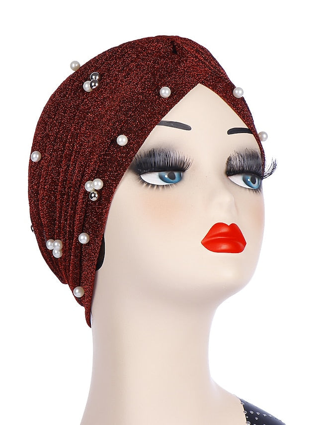 Fashion Women Turban Gold Shiny Hat for Lady Pearl Beading Bright Hat Indian Style Muslim Thin Head Wraps for Women