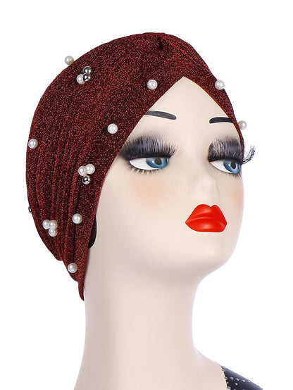 Fashion Women Turban Gold Shiny Hat for Lady Pearl Beading Bright Hat Indian Style Muslim Thin Head Wraps for Women