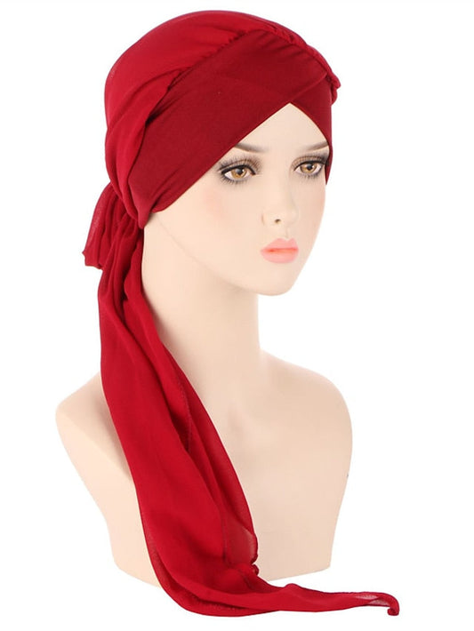 Muslim Women Chiffon Long Headscarf Islam Turban Indian Cap Plain Print Hijab Beanie Hair Care Boho Wraps Hat for Women