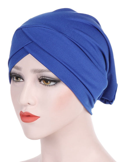 Solid Stretch Fabric Forehead Cross India Cap Turban Hat Women Elastic Turban Muslim Hijab Islamic India Hair Loss Caps Scarf Headwraps for Women
