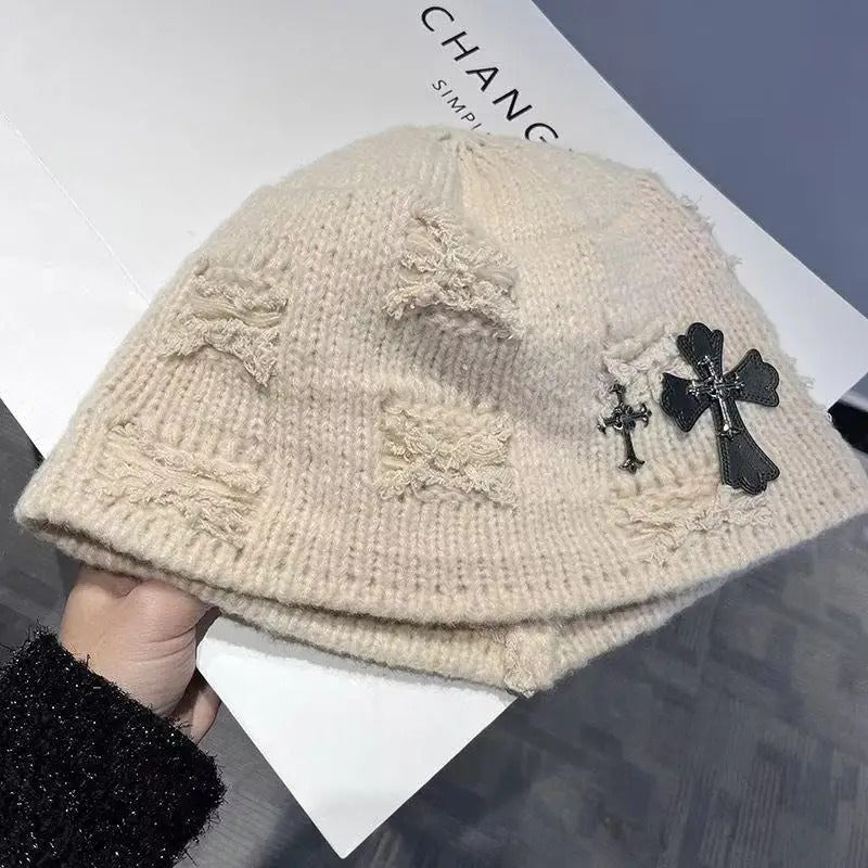 Retro Post Apocalyptic Leather Tag Knitted Hat
