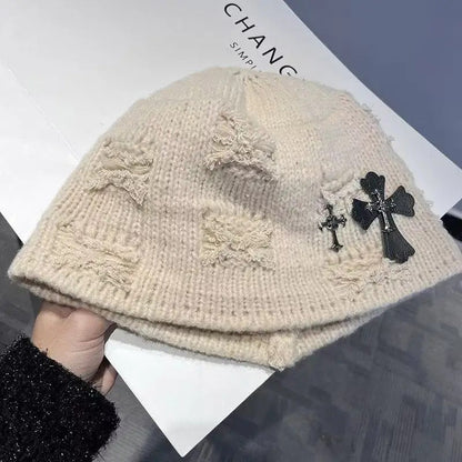 Retro Post Apocalyptic Leather Tag Knitted Hat
