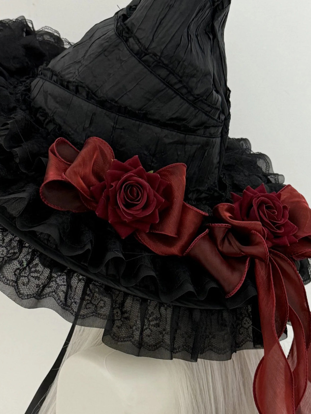 Black Witch Hat Gothic Rose Bow Lace Trim Hat