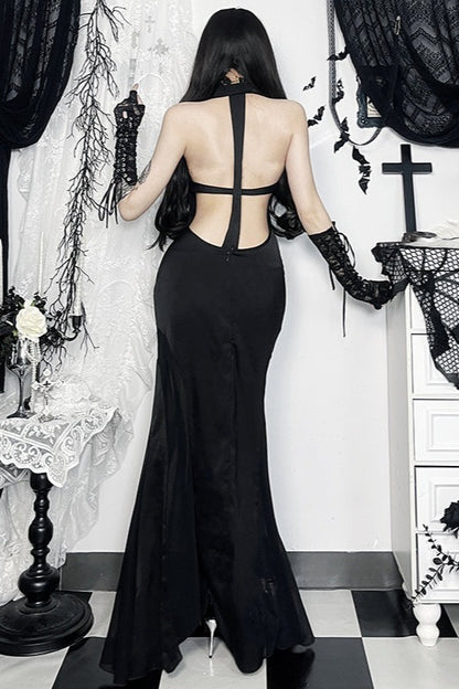 Gothic Halter Cross Backless Maxi Dress
