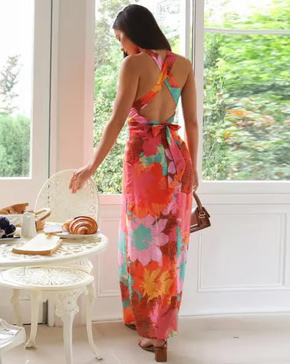 Clara'sHoliday V-Neck Floral PrintLace-Up Maxi Dress