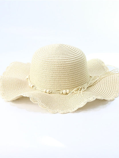 New Summer Wide-Brimmed Sunscreen Fashion Wooden Beads Wave Straw Hat Holiday Beach Hat for Women