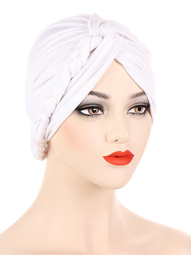 Women Lady Muslim Braid Head Turban Wrap Plain Color Islamic Arab Cap Hat Hair Loss Bonnet Beanies for Women