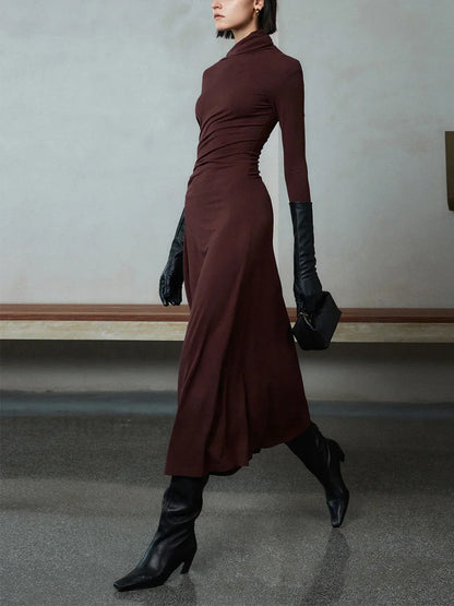 Bodycon Asymmetrical Neck Long Modern Sleeve Ruched Maxi Dress