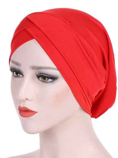 Solid Stretch Fabric Forehead Cross India Cap Turban Hat Women Elastic Turban Muslim Hijab Islamic India Hair Loss Caps Scarf Headwraps for Women