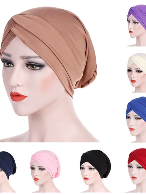 Solid Stretch Fabric Forehead Cross India Cap Turban Hat Women Elastic Turban Muslim Hijab Islamic India Hair Loss Caps Scarf Headwraps for Women