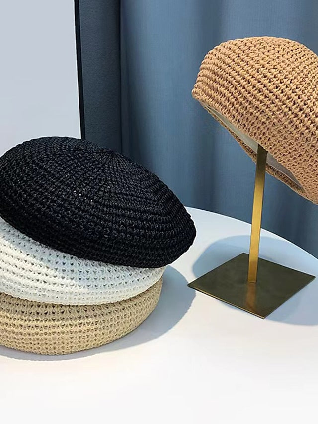 Spring Summer Breathable Straw Hat Female Unique Beret Black Khaki Beige British Beret Hat Hollow Artistic Painter Hat for Women