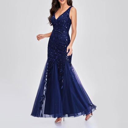 Long Ball Gowns for Women Sparkly Formal Chiffon Sequin Dress V Neck Prom Maxi Dress Bodycon Mermaid Evening Gowns
