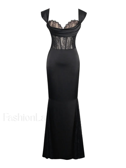 Callista Black Satin Charming Lace Corset Maxi Dress