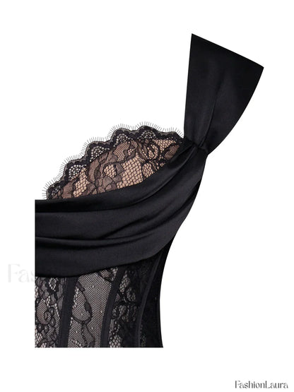 Callista Black Satin Charming Lace Corset Maxi Dress