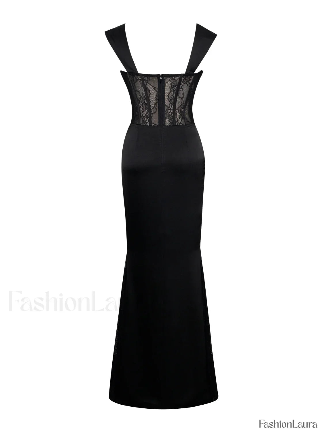 Callista Black Satin Charming Lace Corset Maxi Dress