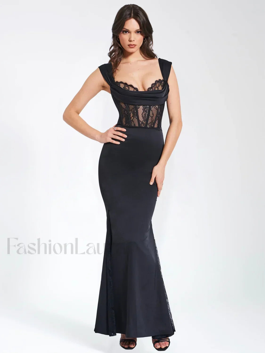Callista Black Satin Charming Lace Corset Maxi Dress