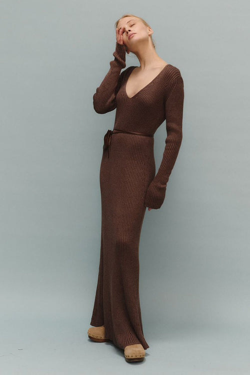 Knit Bodycon V Neck Maxi Dress