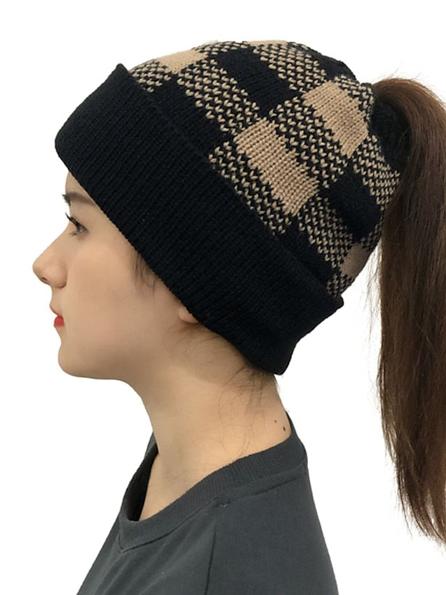 Hat Beanie / Slouchy Black Khaki Red Outdoor Home Street Knit Plaid Windproof Comfort Warm for Women