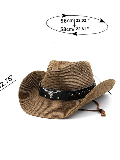 Ethnic Style Hat Cowboy Men Straw Panama Hat Belt Cow Decorate Wide Brimmed Hats For Summer Khaki Women Hat New Arrival for Women