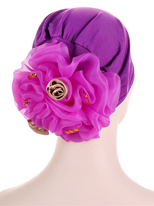 Women Solid Color Back Big Flower New Turban Muslim Hijab Caps Satin Flowers Arab Wrap Inner Hijabs Bonnet Hat Headdress for Women