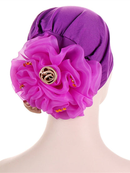 Women Solid Color Back Big Flower New Turban Muslim Hijab Caps Satin Flowers Arab Wrap Inner Hijabs Bonnet Hat Headdress for Women