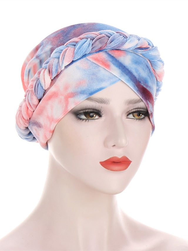 India Tie Dye Turban Cap Muslim Women Hijab Hair Care Hat Braid Headscarf Beanie Bonnet Islamic Headwear Wrap Hair Loss Cover for Women