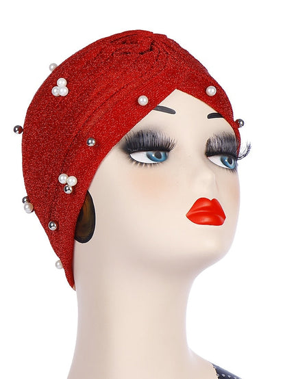 Fashion Women Turban Gold Shiny Hat for Lady Pearl Beading Bright Hat Indian Style Muslim Thin Head Wraps for Women