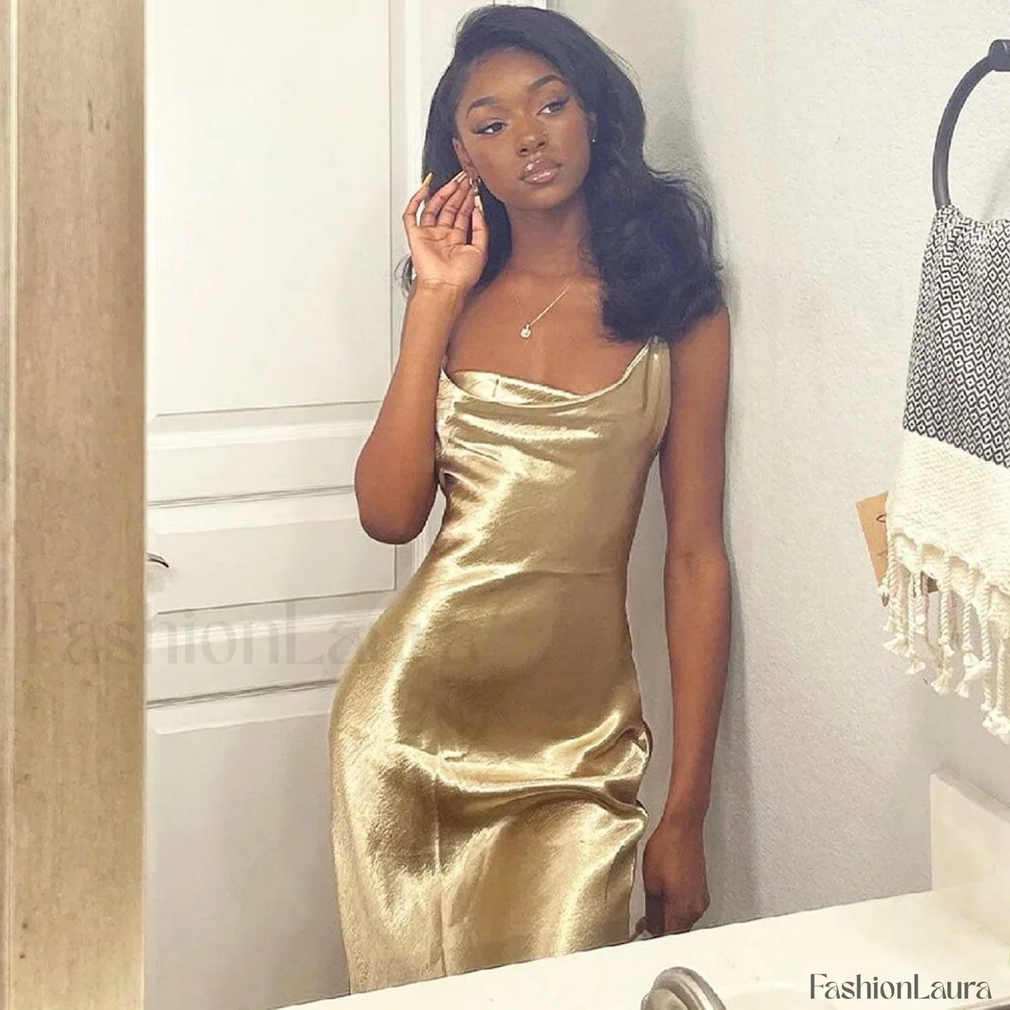 Classy Cowl Neck Tie String Silky Slip Maxi Dress - Champagne