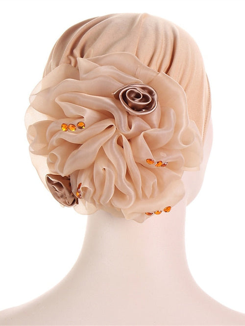 Women Solid Color Back Big Flower New Turban Muslim Hijab Caps Satin Flowers Arab Wrap Inner Hijabs Bonnet Hat Headdress for Women