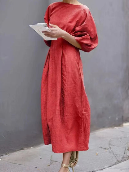 Women Casual Solid Color Loose Puff Sleeve Maxi Dress