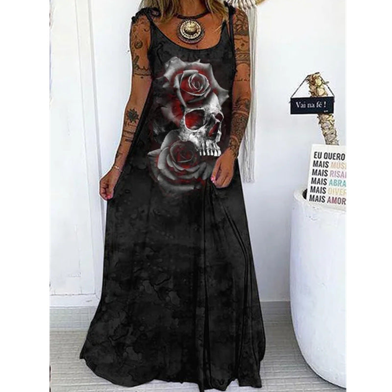 Halloween Women Fashion Casual Gothic Skull Head Floral Graphic Print Maxi Dress