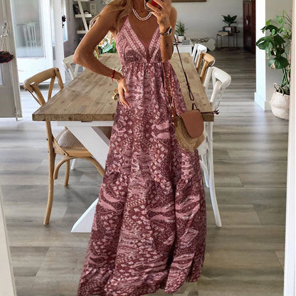 Bohemian Women Casual Tiny Flower Print V-Neck Strap Maxi Dress