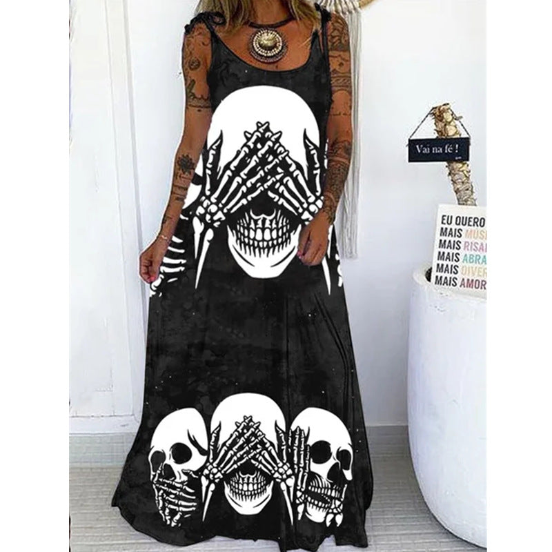 Halloween Women Fashion Casual Gothic Skull Head Floral Graphic Print Maxi Dress
