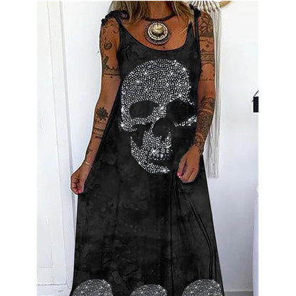 Halloween Women Fashion Casual Gothic Skull Head Floral Graphic Print Maxi Dress