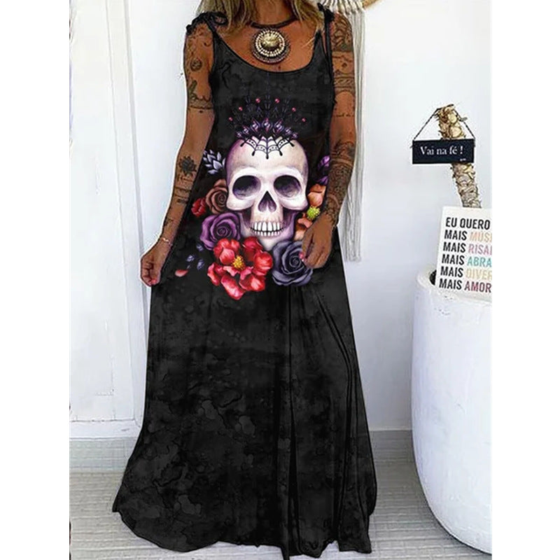 Halloween Women Fashion Casual Gothic Skull Head Floral Graphic Print Maxi Dress